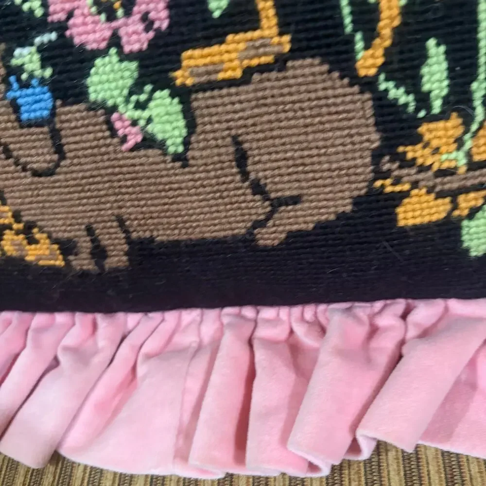 Grandmillennial Dachshund Needlepoint Accent Pillow Pink Velvet Ruffle Handmade